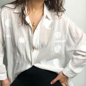 Vintage Oversized White Cotton Button Up Blouse - Small